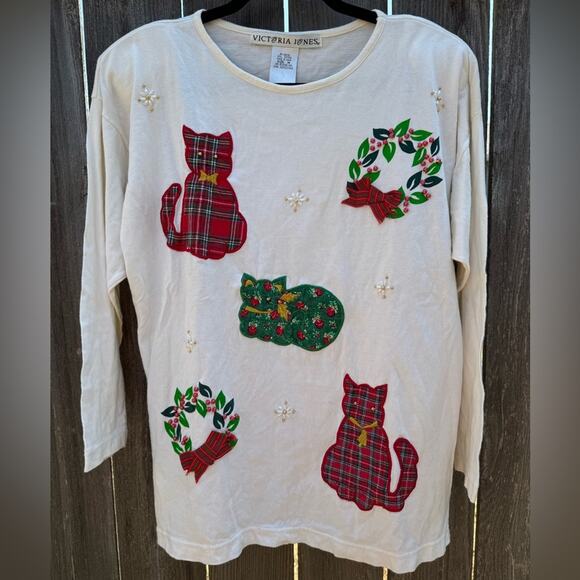 Victoria Jones Christmas Long-Sleeve Shirt Women’s Size Medium Vintage Cats Cat - Picture 2 of 7
